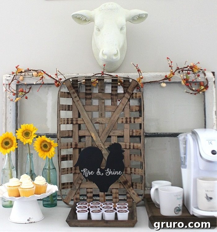 Charming chicken chalkboard with Rise and Shine message for a farmhouse coffee bar