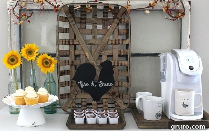 Farmhouse coffee bar setup featuring the chicken chalkboard, tobacco basket, and old window