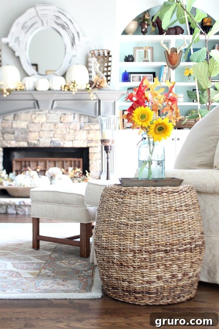 Cozy Fall Decor on a Budget 12 white-pumpkins-sunflowers-in-mason-jars-perfect-a-neutral-fall-home