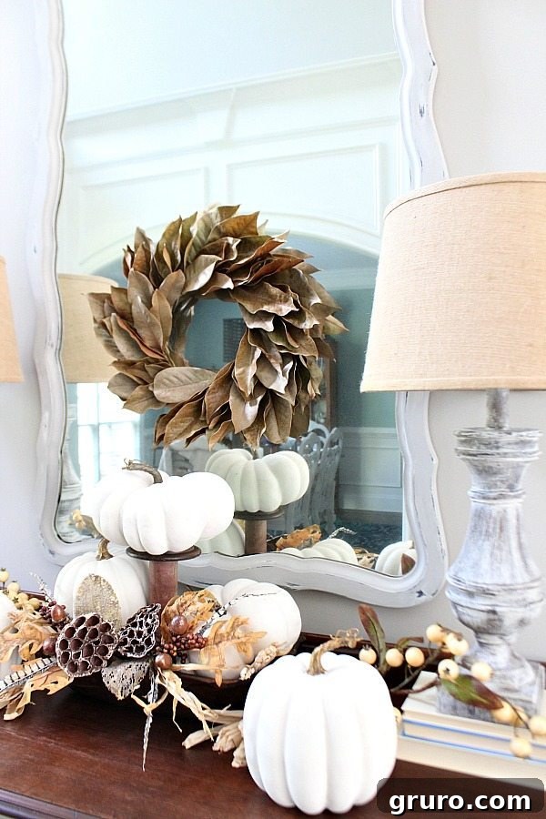 Cozy Fall Decor on a Budget 4 Farmhouse entry with white pumpkins for fall