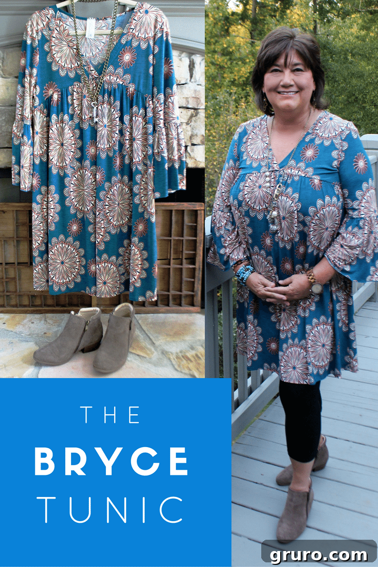 The Bryce Tunic from Glamour Farms styled as a dress with booties and a long necklace, showcasing its flattering A-line silhouette and lightweight fabric.