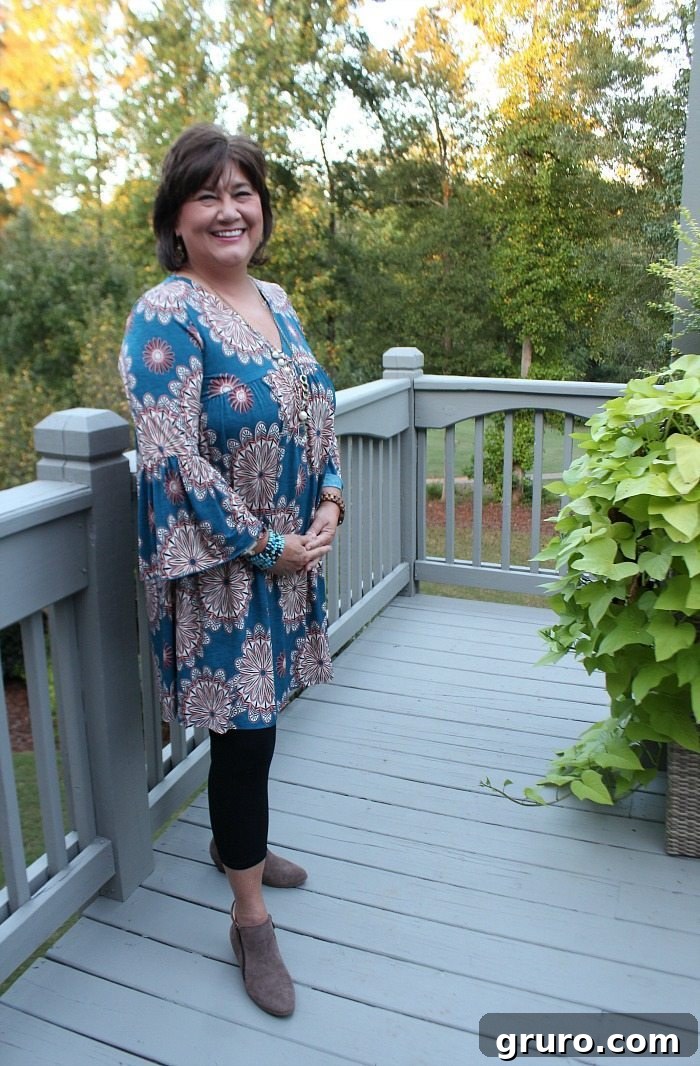 Full-length view of the author wearing The Bryce Tunic, highlighting its comfortable fit and stylish appeal for everyday wear from Glamour Farms.