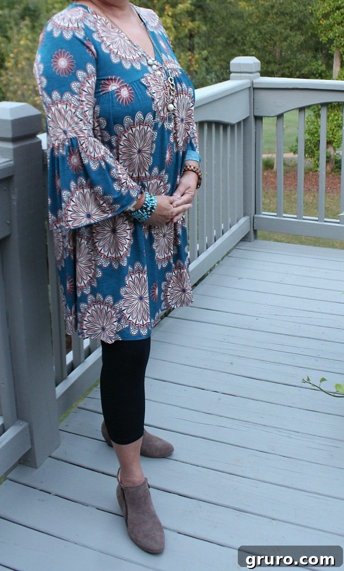 The Bryce Tunic from Glamour Farms paired with tummy tuck leggings, showcasing a complete and comfortable outfit ensemble.