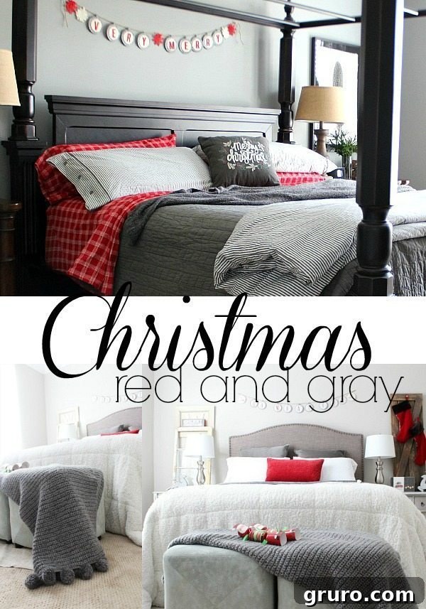 Cozy red and gray plaid bedroom decor for winter and Christmas