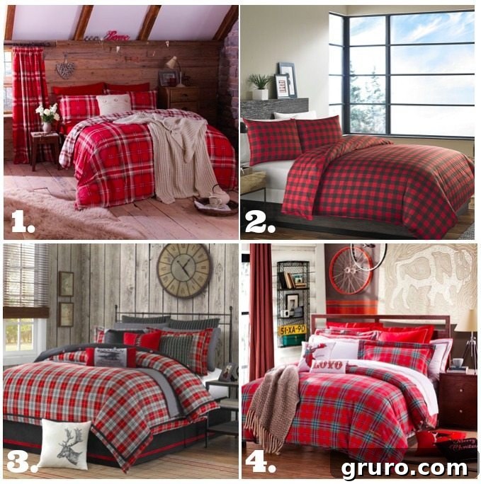 Plaid comforters and duvets for a rustic farmhouse winter bedroom