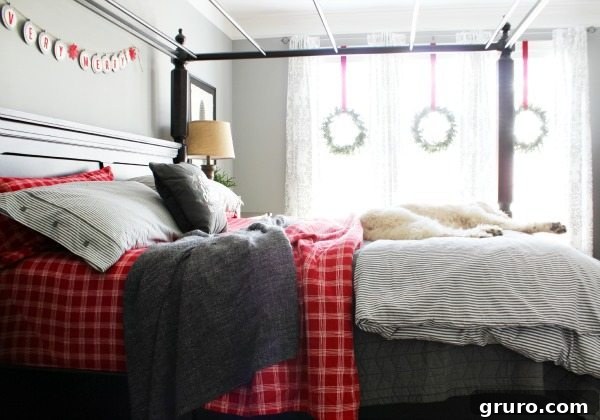 Master bedroom with festive plaid Christmas decor