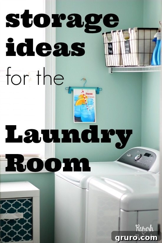 Organized laundry room with shelves, baskets, and a folding area.