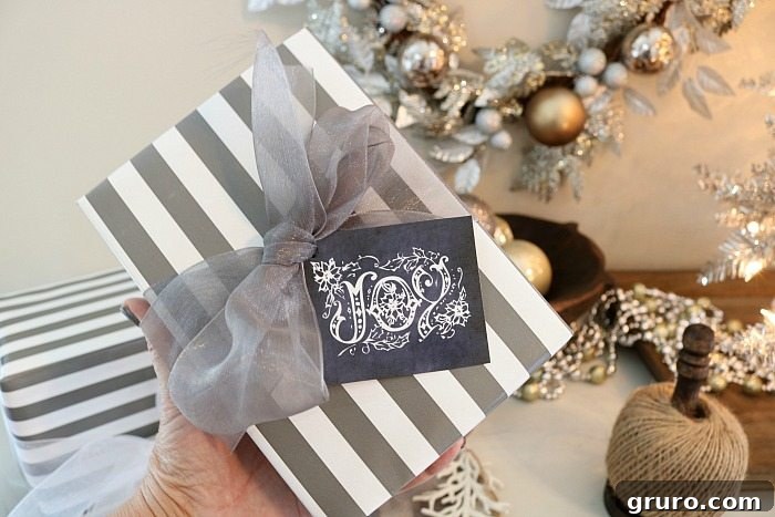 Stylish gray striped wrapping paper paired perfectly with charming chalkboard gift tags.