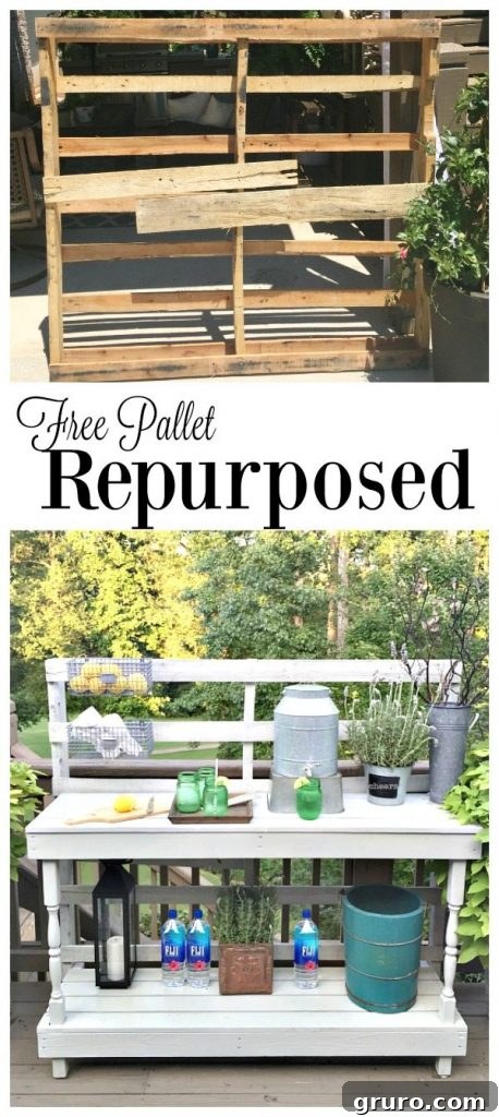 10 Timeless Farmhouse Decor Ideas 11 Free pallet repurposed - Dining -Rustic farmhouse serving area idea - Made from a pallet - outdoor potting table serves as buffet or drink service area, embracing sustainability
