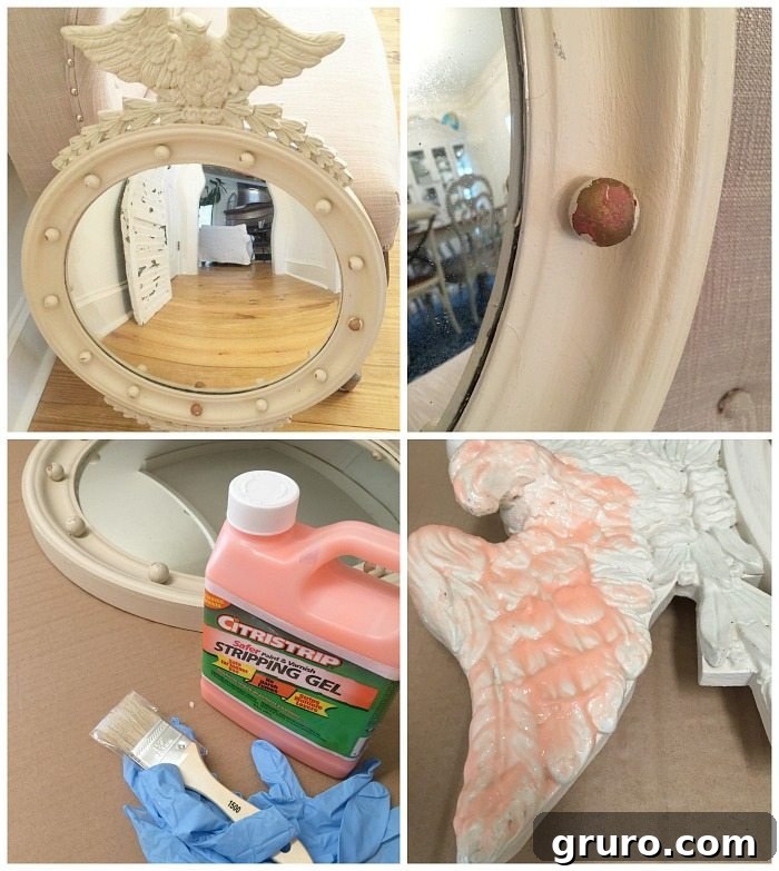 Close-up of the federal convex mirror after initial stripping, highlighting the chipped paint and the surprising mix of wood and plastic materials.