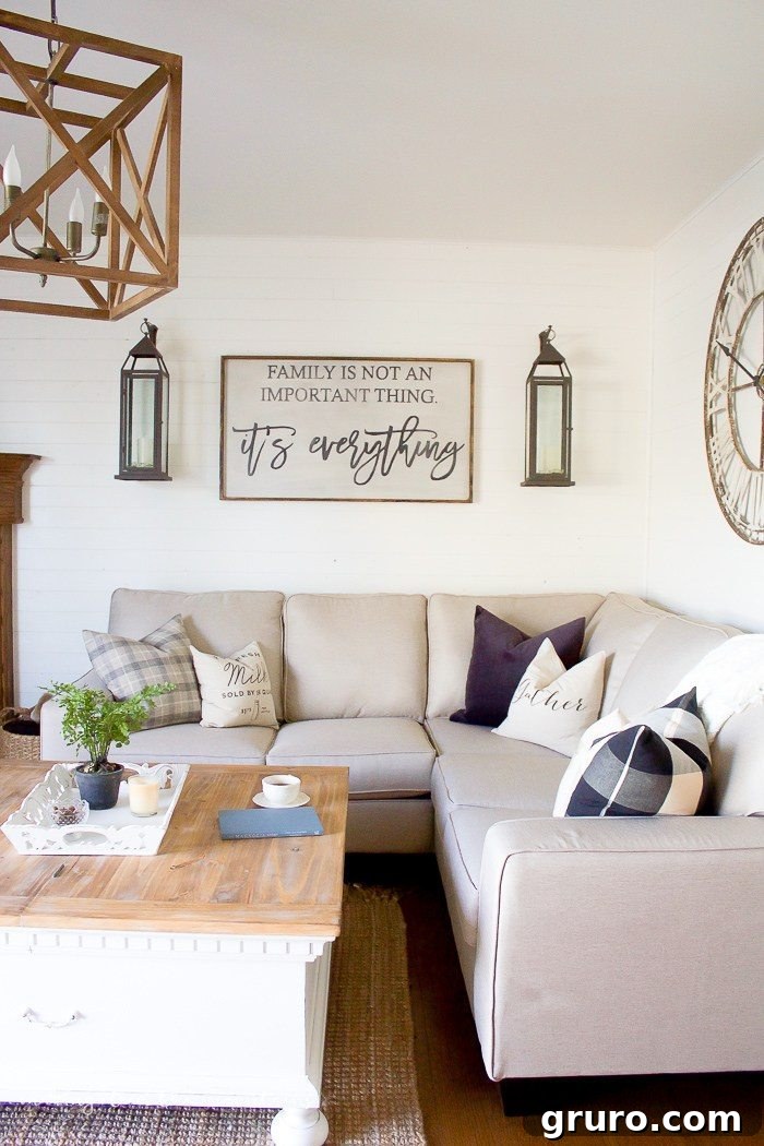 Farmhouse Style Family Room with Coffee Table Makeover by Making It in the Mountains
