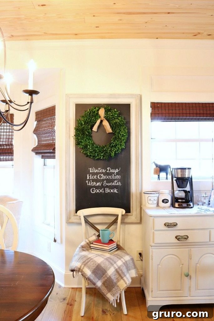 Frosty Chalkboard Inspiration 13 Chalkboard with Winter Quote, Boxwood Wreath, and Ribbon for Seasonal Decor