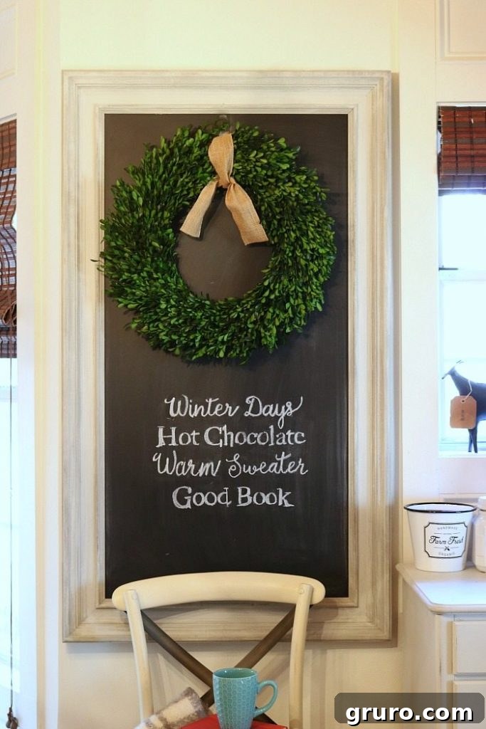Frosty Chalkboard Inspiration 10 Chalkboard Featuring a Winter Quote Paired with a Fresh Boxwood Wreath