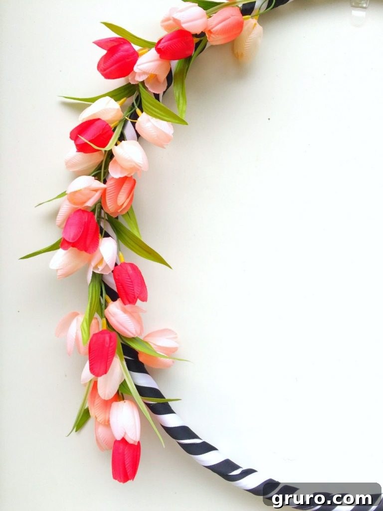 Vibrant Hula Hoop Spring Wreath 9 Pink tulips and a hula hoop for a spring wreath