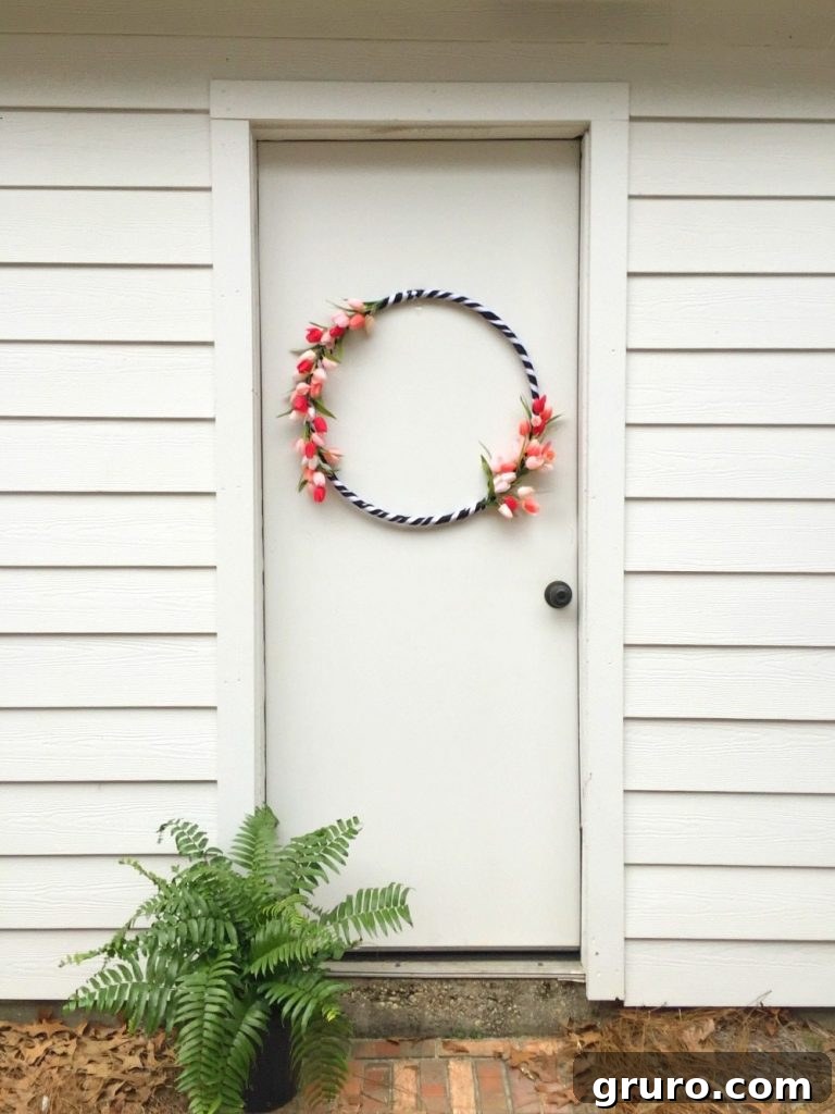 Vibrant Hula Hoop Spring Wreath 10 Make this spring tulips wreath with a hula hoop