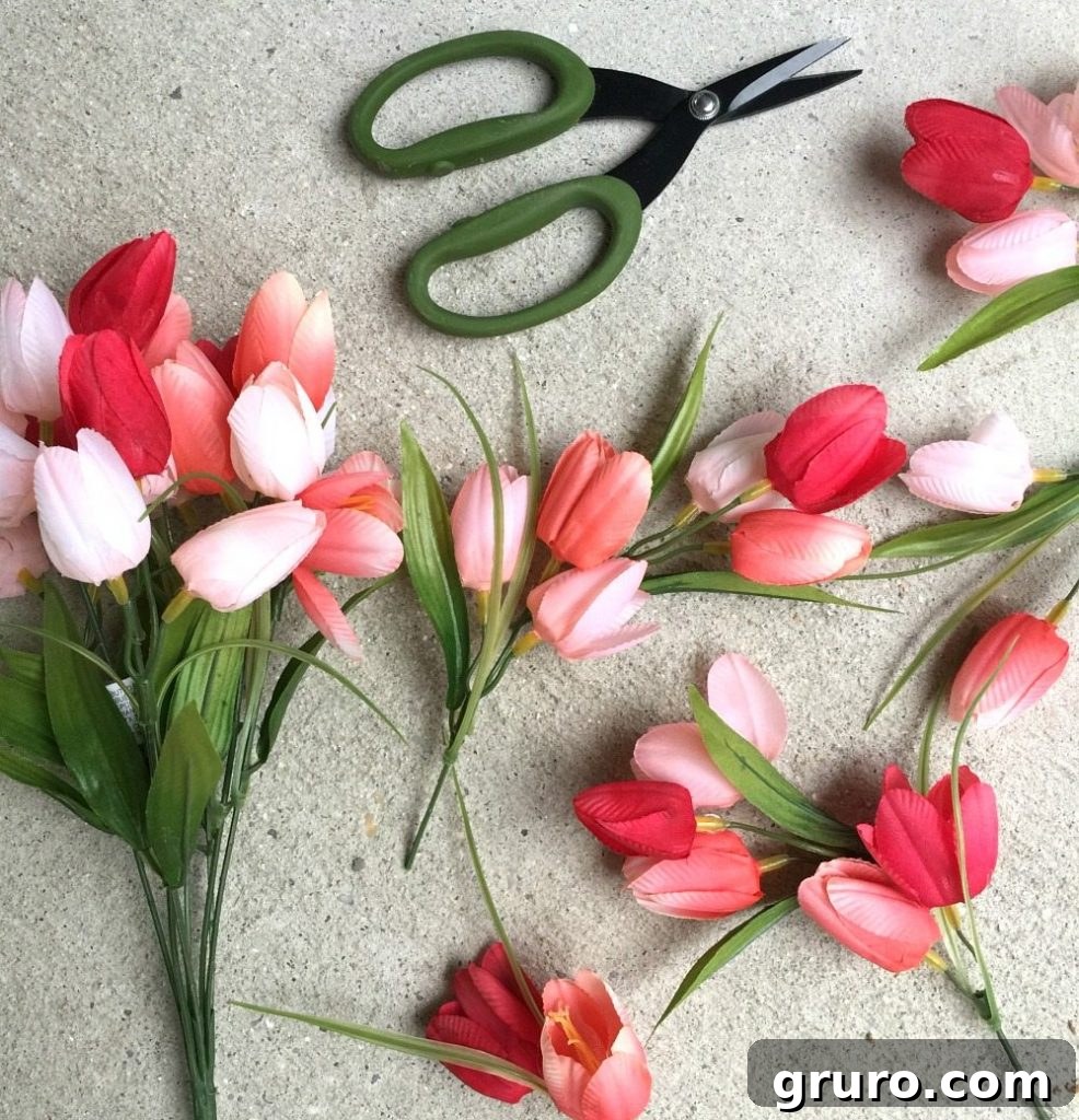 Vibrant Hula Hoop Spring Wreath 6 Trim your tulips for the hula hoop wreath