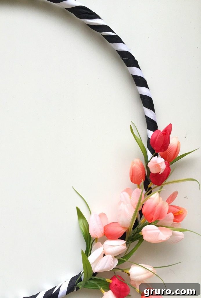 Vibrant Hula Hoop Spring Wreath 8 Black and white ribbon with tulips on a hula hoop