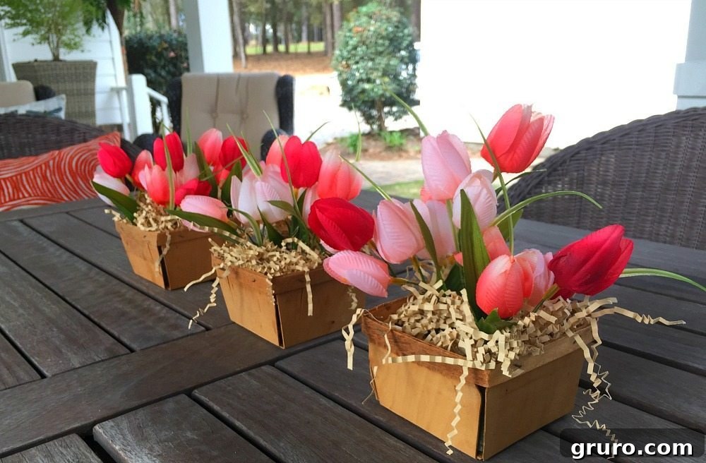 Farmhouse centerpiece created with charming berry baskets and vibrant tulips