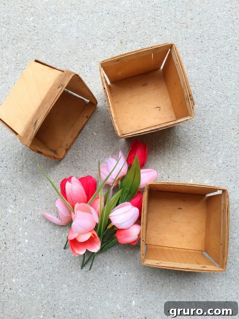 Berry baskets filled with cheerful tulips for a vibrant spring centerpiece