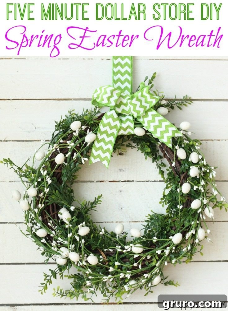 Five-minute Dollar Store DIY spring Easter wreath from The Happy Housie, a budget-friendly farmhouse craft project.