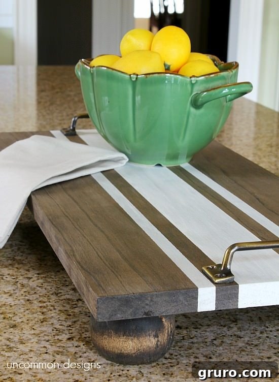 Ticking stripe DIY wooden runner from Uncommon Designs, a versatile farmhouse serving tray for any occasion.