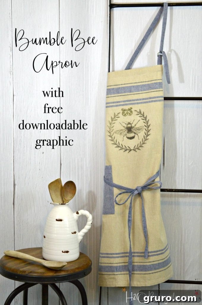 Iron-on bumble bee apron project from H2O Bungalow, a charming DIY farmhouse craft with a free printable.