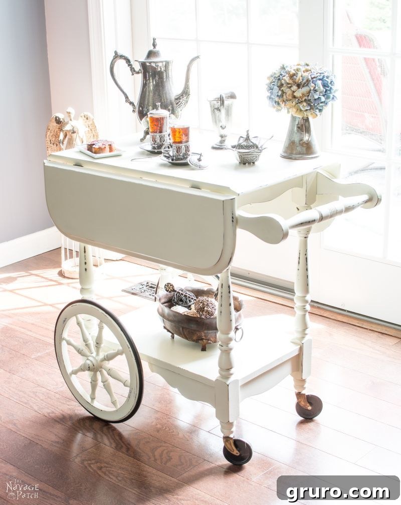 Tea Cart Makeover from The Navage Patch, transforming a vintage piece into a functional and stylish farmhouse chic accent.