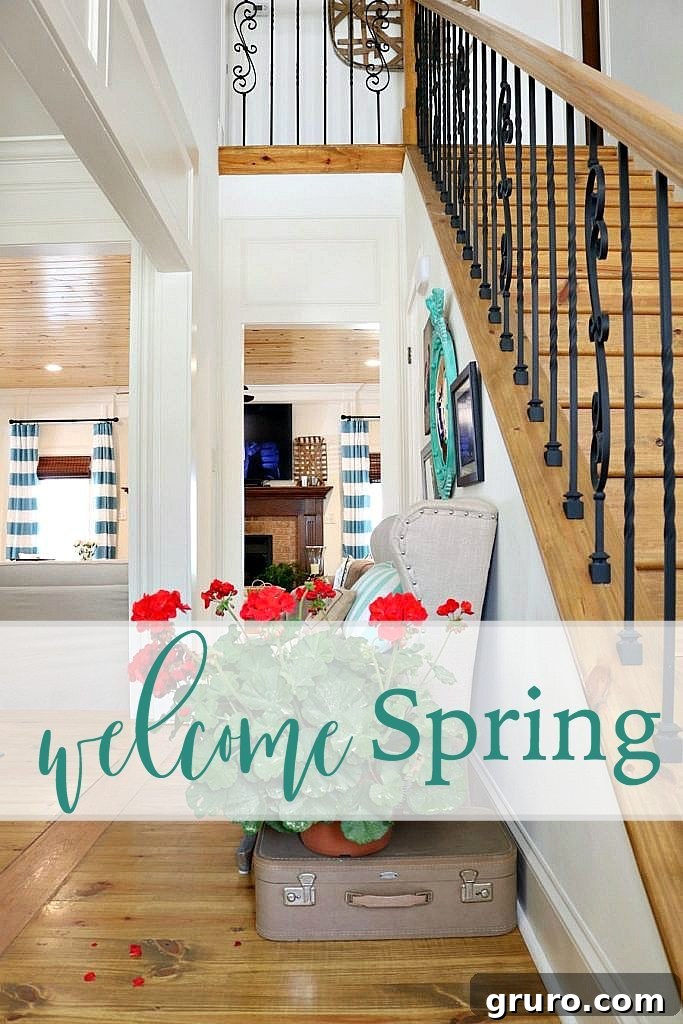 Welcome spring with potted red geraniums at Refresh Restyle, adding vibrant color to the farmhouse entry.
