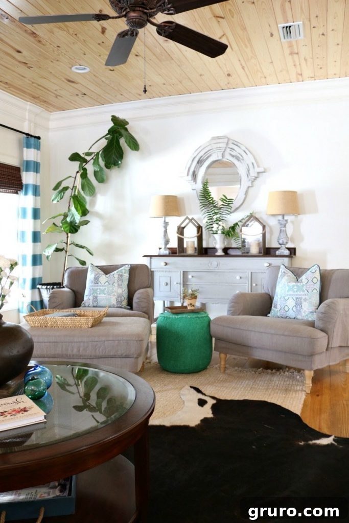 Inviting and casual spring home tour showcasing comfortable and relaxed farmhouse living room decor.
