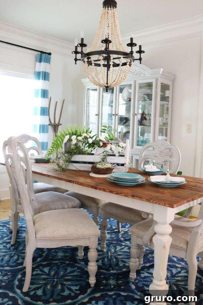 A spring table setting brimming with lovely blues and greens, creating a serene and inviting dining experience.