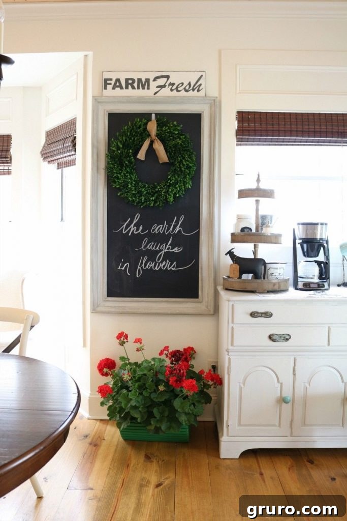 A serene view of the spring home tour in the kitchen, offering a glimpse of comfortable farmhouse living.