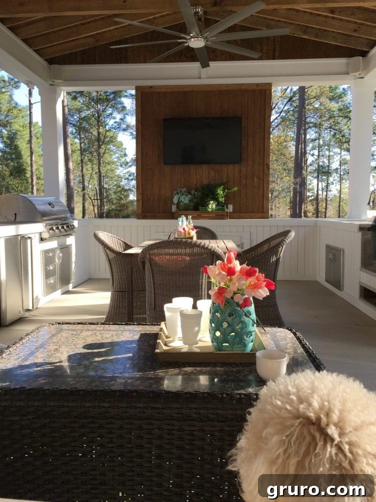 Murphy the Labradoodle happily enjoying the serene and comfortable farmhouse porch.