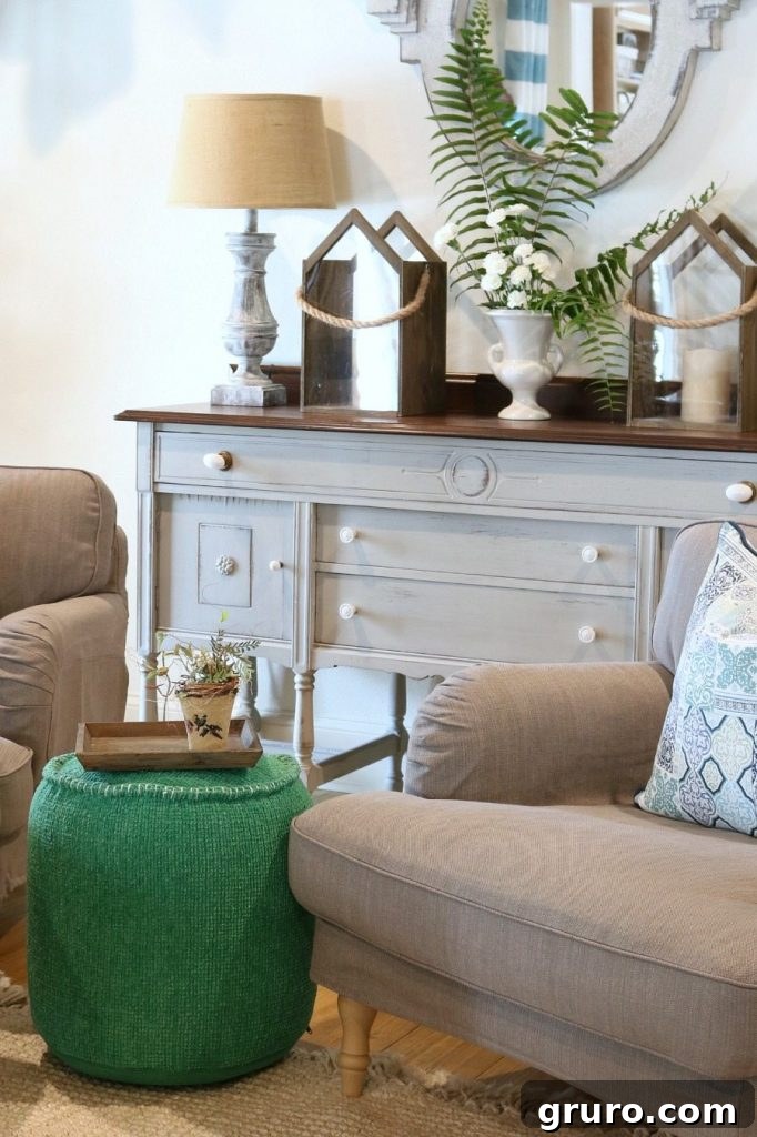 Vibrant green poof ottoman, a perfect accent for spring or year-round casual decor.