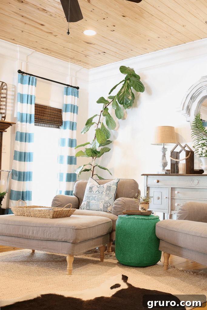 Elegant spring touches in a bright living room, showcasing subtle decor and natural light.