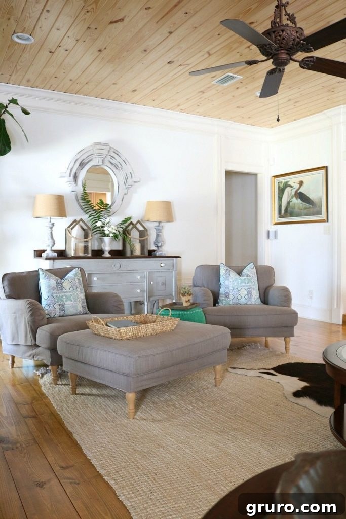 Serene spring living room styled with a harmonious blend of blues and greens, creating a refreshing atmosphere.