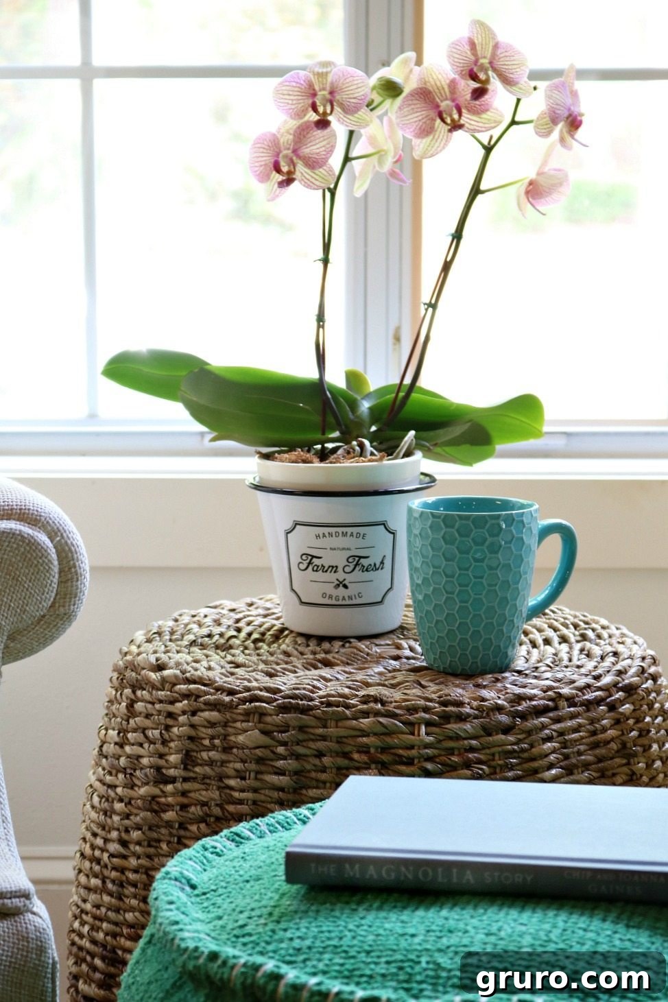 Cozy sitting area in farmhouse kitchen, perfect for reading and coffee