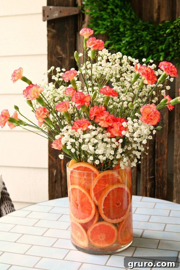 Red grapefruit and pink carnations creating a sweet-smelling floral arrangement