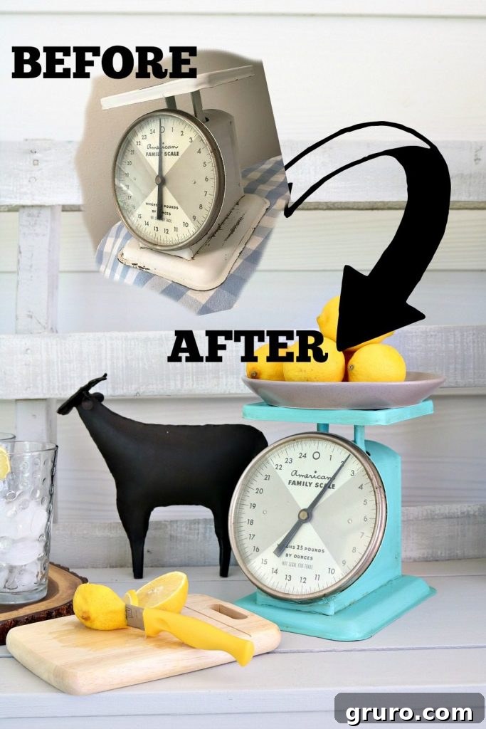 Revitalizing Vintage Kitchen Scales 3 Make your own aqua kitchen scale easy with this DIY painted metal project