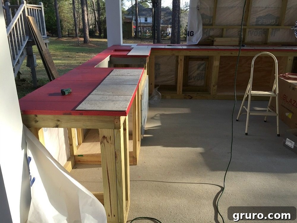 Crafting Your Backyard Culinary Retreat 17 Painted Red Guard on my countertops before tiling at Refresh Restyle
