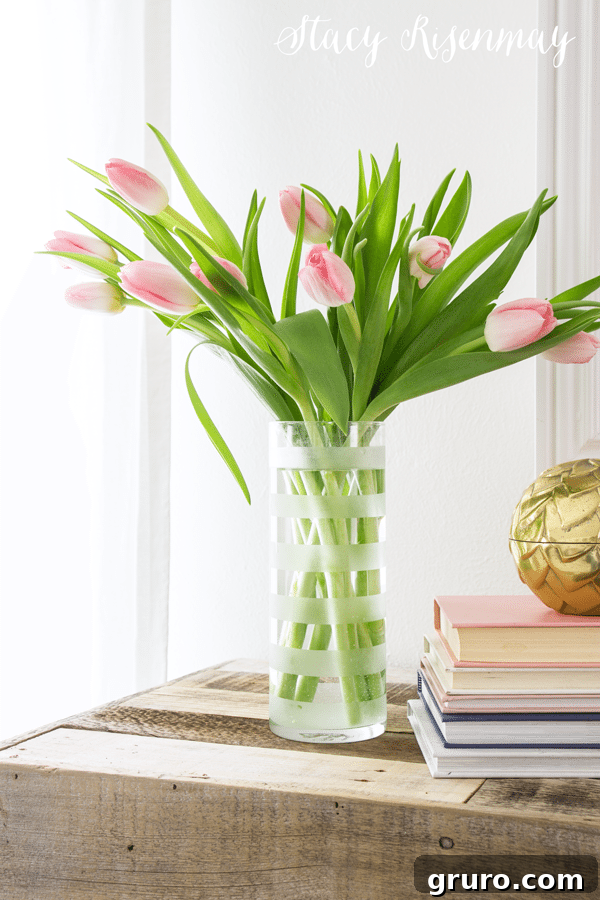 DIY Glass Etched Vase with pink tulips