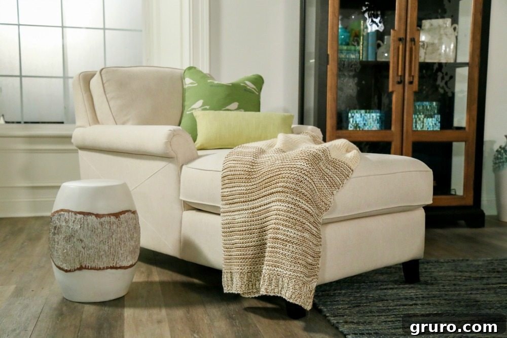 The Teal Oasis 12 Close-up of the comfy chaise on the La-Z-Boy sofa, designed by Refresh Restyle