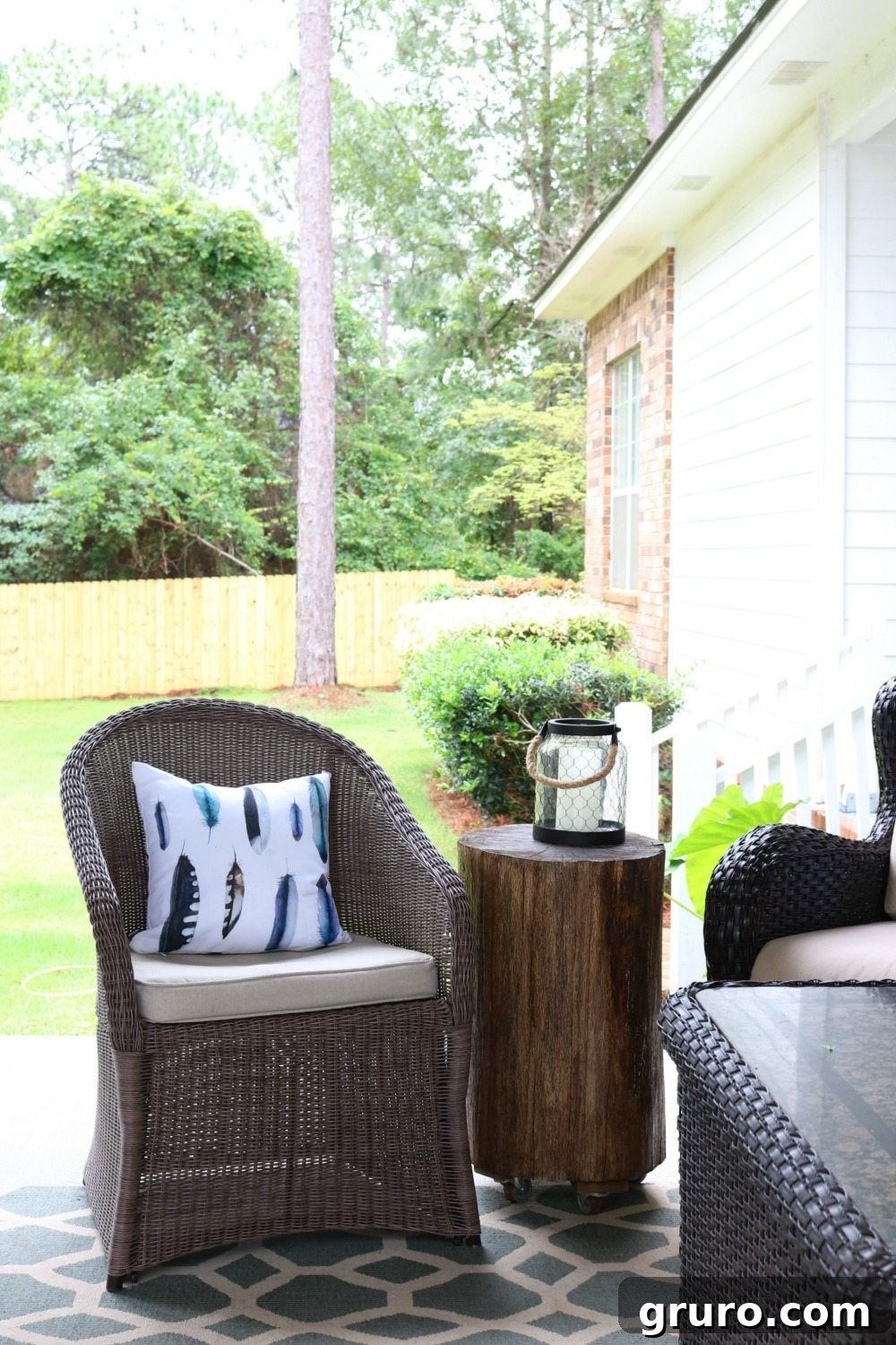 Rustic stump tables serving as natural side tables on a summer porch