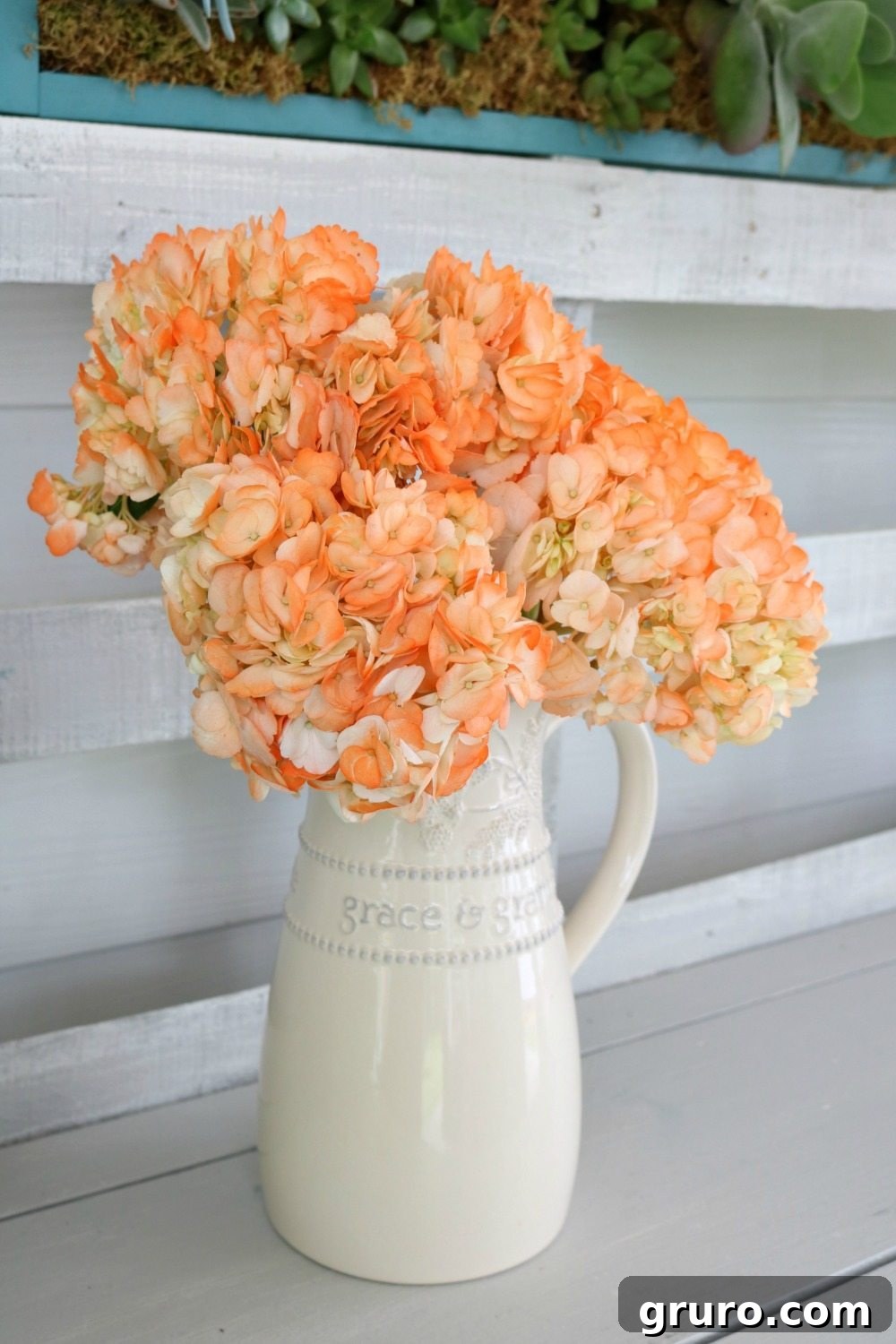 Vibrant orange hydrangeas adding a unique pop of color to the summer porch