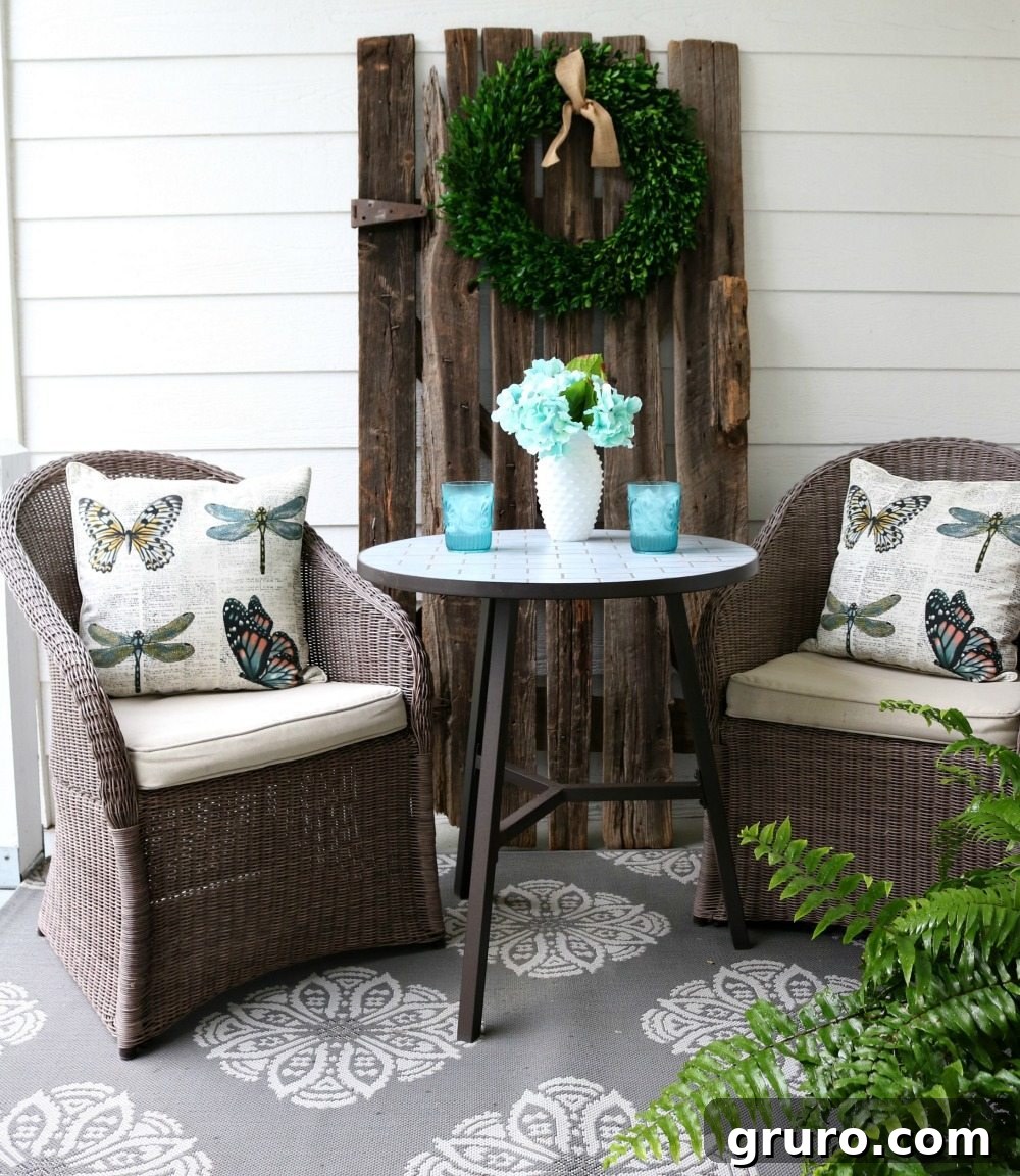 Bistro table and chairs set up for morning coffee or evening wine on a warm summer day
