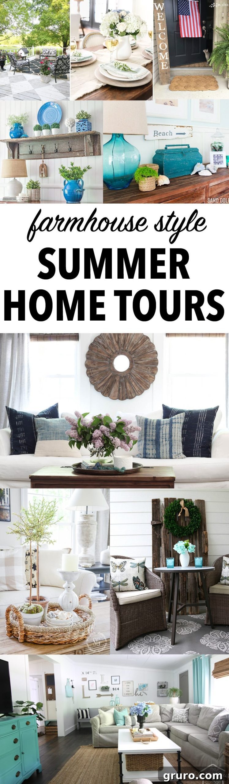 Collage of beautiful farmhouse summer home tours from various bloggers, featuring outdoor and indoor decor ideas