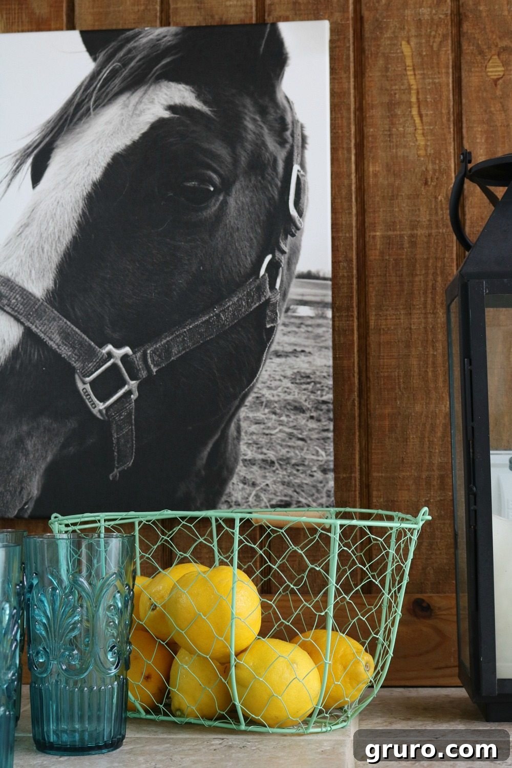 Framed horse art on canvas, perfect for a rustic farmhouse look on a porch