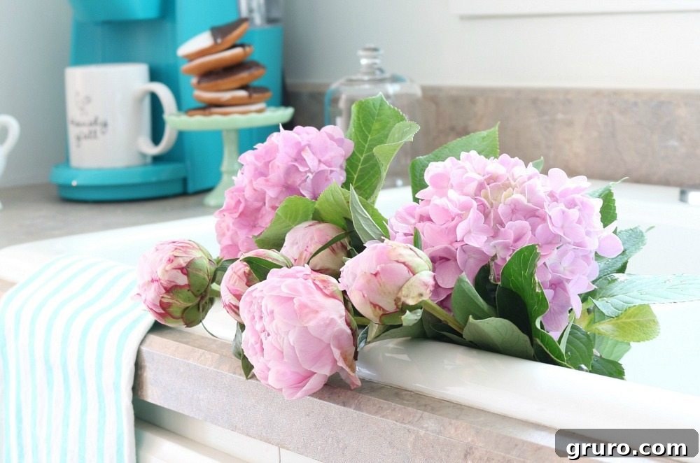 Fresh summer blooms enhancing the beauty of the farmhouse cottage decor.