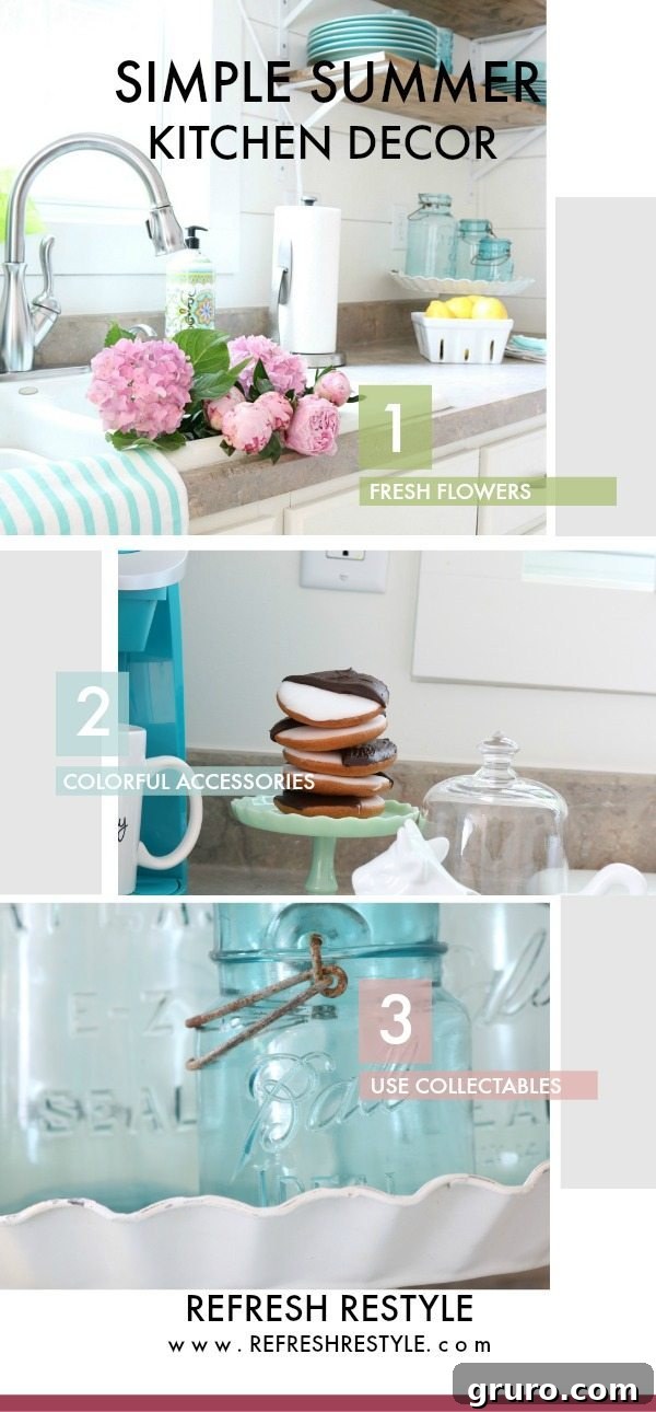Inspiring SIMPLE summer kitchen decor ideas, featuring white shiplap, open shelving, and fresh, vibrant accents at Refresh Restyle.
