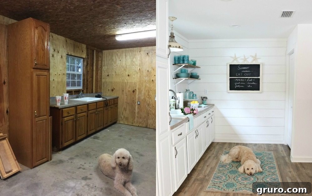Before and after comparison of the farmhouse cottage kitchen, showcasing a dramatic transformation from a dark garage space to a bright, inviting kitchen.