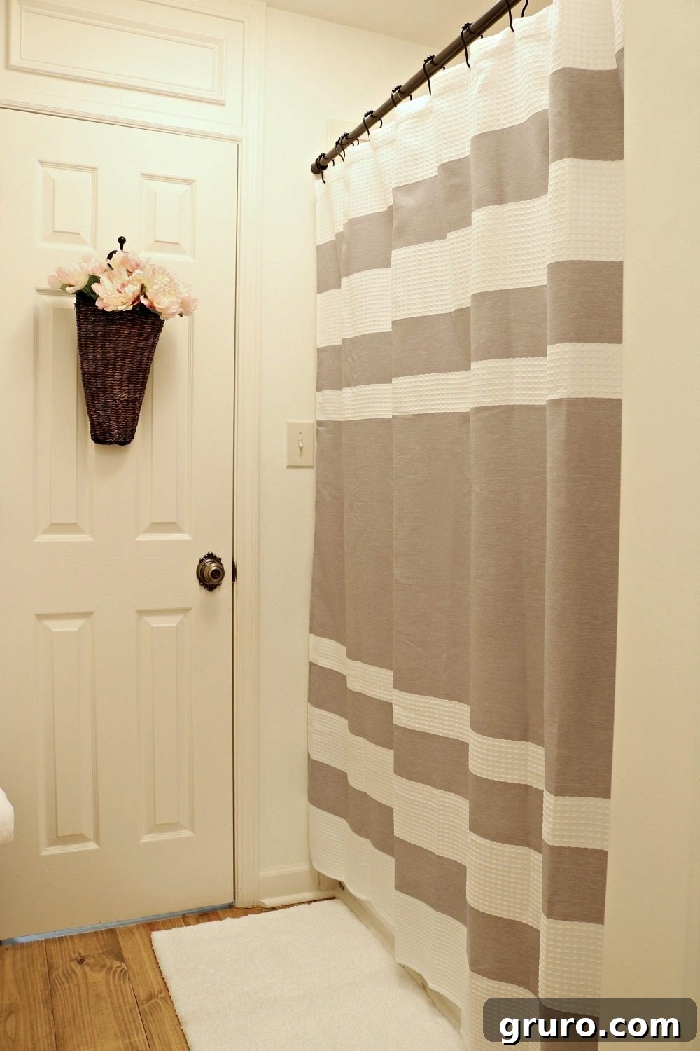 Farmhouse Guest Bathroom Makeover 14 Gray and White Waffle Striped Shower Curtain for a Neutral Farmhouse Look